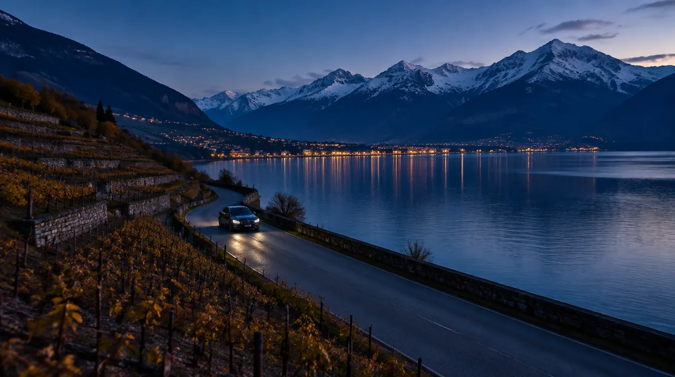 Black Mercedes-Benz saloon on a quiet lakeside road between vineyards at dusk