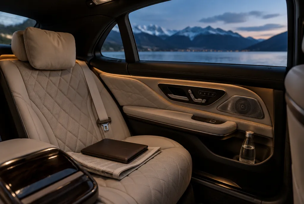 Rear cabin of a Mercedes-Benz S-Class with cream leather seats, a document folder and a bottle of water