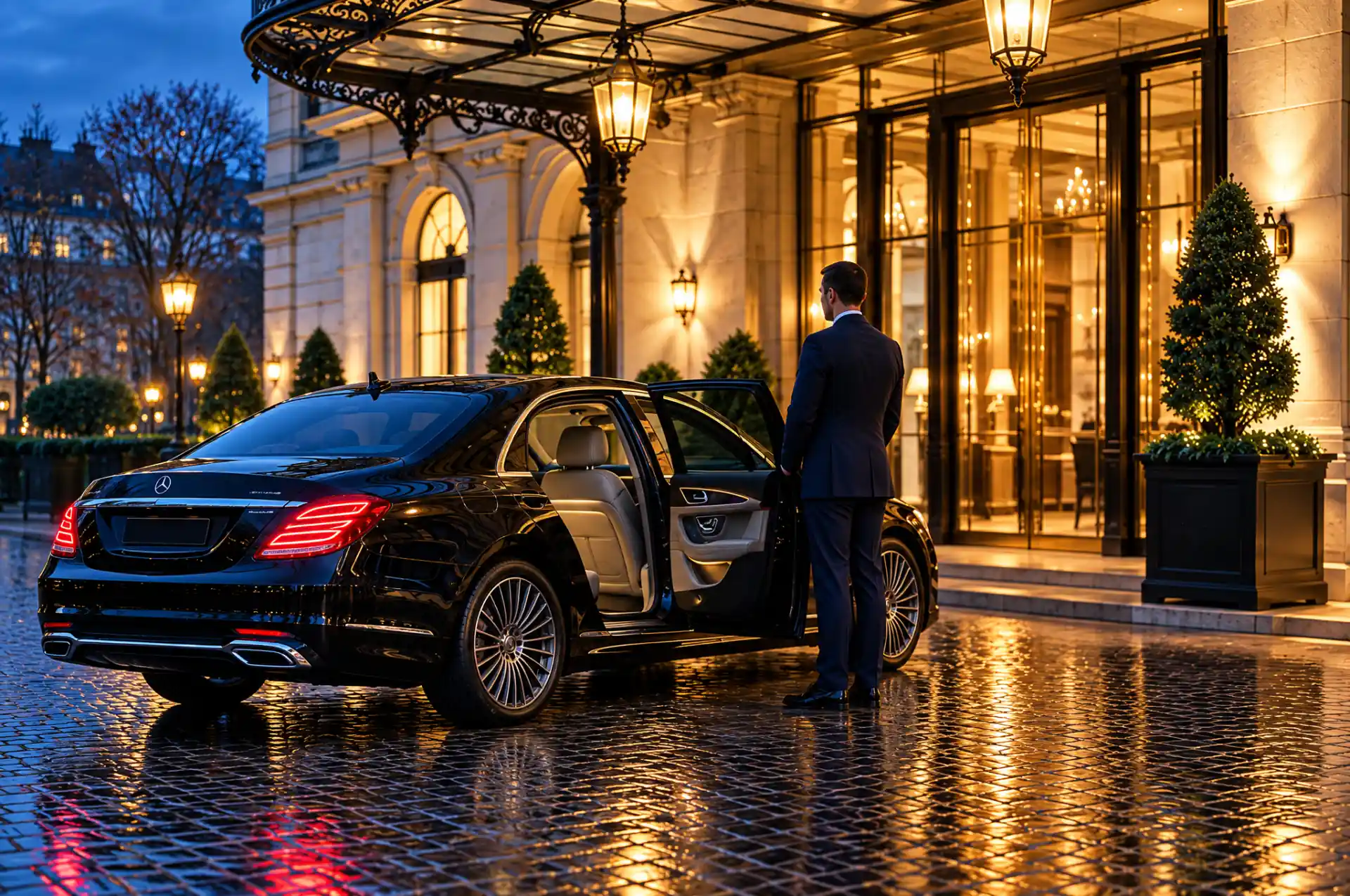 Chauffeur in a dark suit holding the rear door of a black Mercedes-Benz S-Class outside a grand hotel at dusk