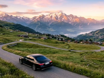 Aerial dawn light over Verbier with Mercedes S-Class chauffeur car - Hublot Polo Gold Cup Gstaad 2026
